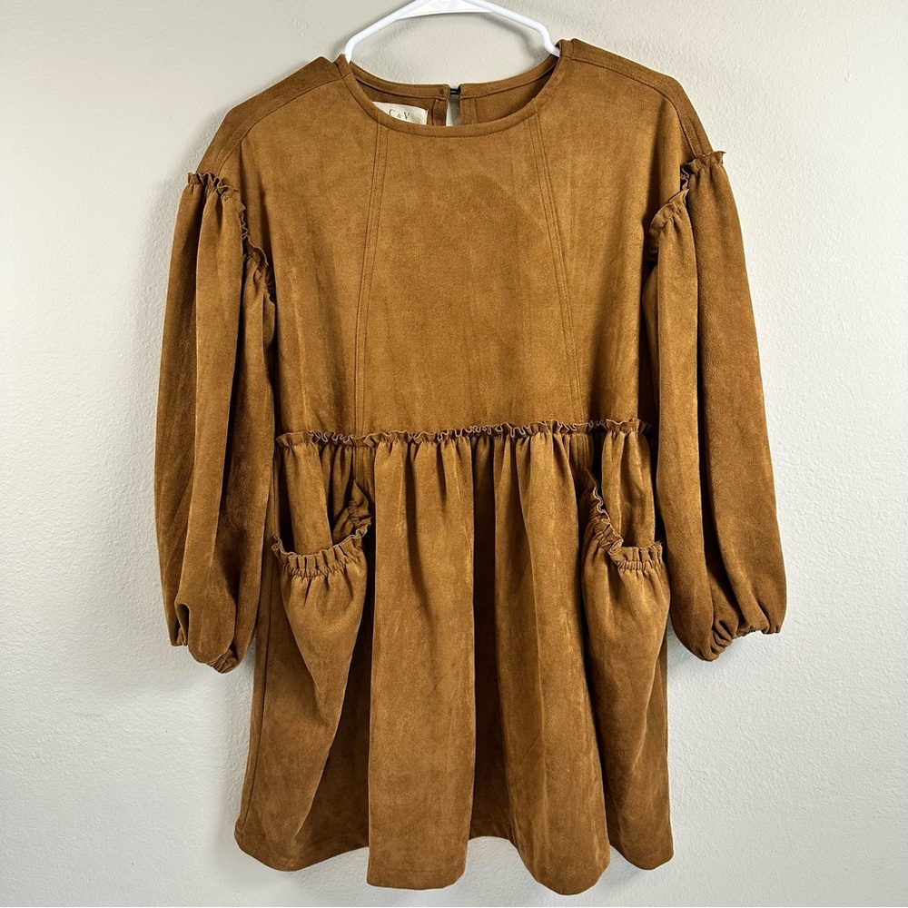 Chelsea & Violet Faux Brown Suede Babydoll Dress XS Pockets Prairie Cottagecore - Picture 2 of 10